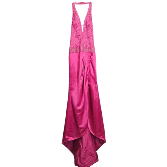 Cire Elegant Fushia Pink Deep V Beaded Halter Gown w/ High Front Slit/ & Train - Picture 1 of 17